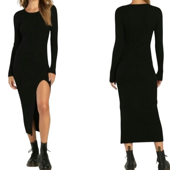 Lulu's L Black Ribbed Front Slit Stretch Crew Neck Midi Dress "Cozy Destination" - Picture 1 of 10